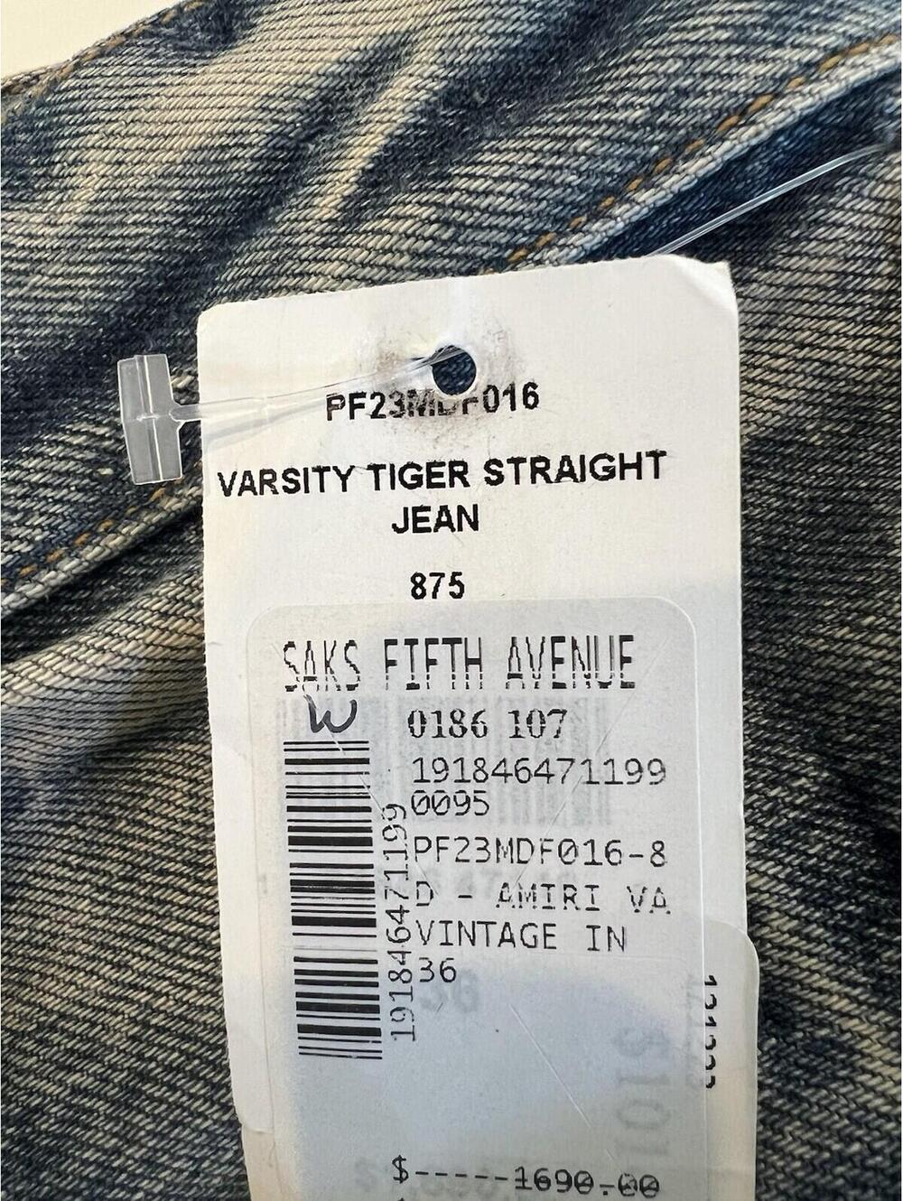 AMIRI $1690   Men’s  Indigo Varsity Tiger Straight Jeans Size 36 - Picture 11 of 16